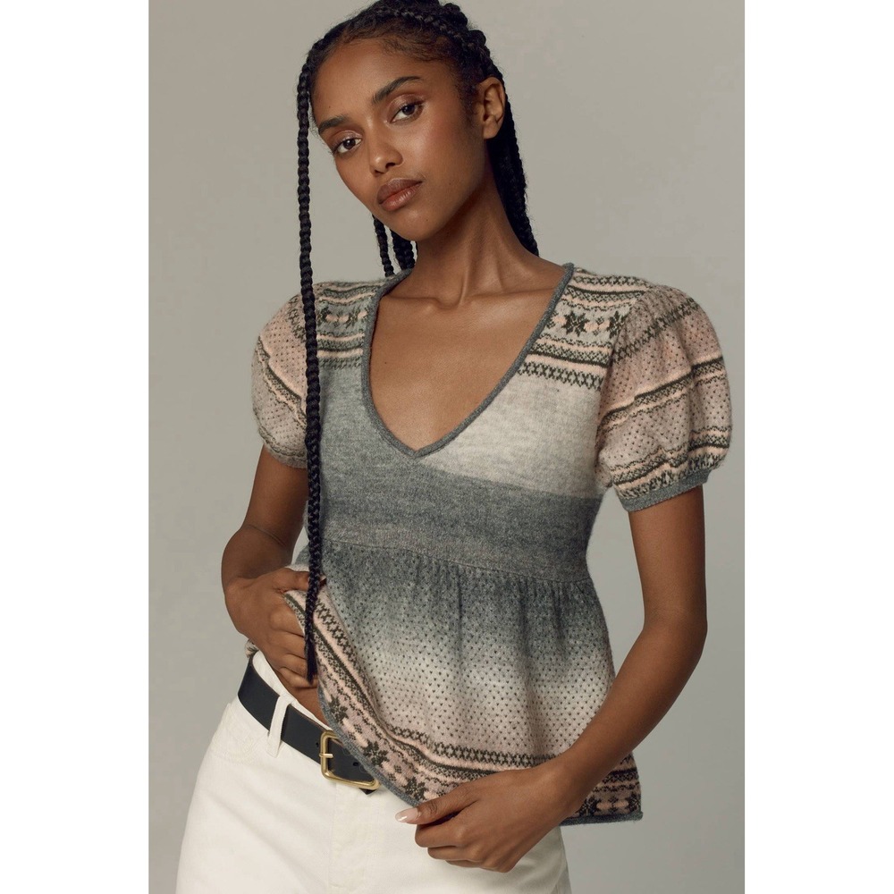 Pilcro Fair Isle Knit Top XL Gray Cream‎ Ombre Puff Sleeve Peplum Sweater Anthro
